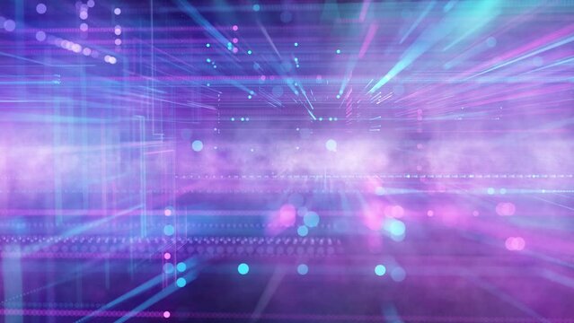 Artistic colorful hologram digital technology network lines dots motion animation background.
