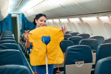 Smiling woman stewardess standing in aircraft passenger salon and holding yellow safety vest