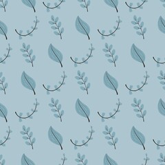 lovely flower pattern - cute blue plant leaves on a grey background
