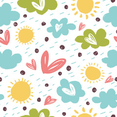 Seamless pattern with hearts, colorful clouds and sun.