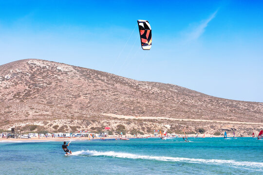 Kitesurfing near Prasonisi on the island of Rhodes in Greece