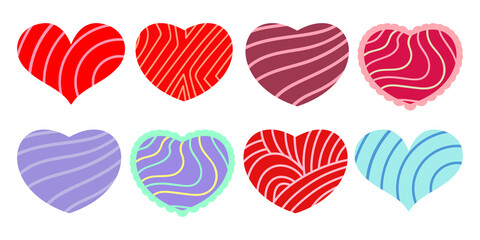 Vector set of isolated cartoon hearts. Romantic Hearts with simple patterns, doodle illustration. VDay doodle collection. St. Valentine's day graphic. Love symbols. Flat illustration.