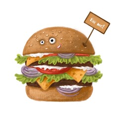 tasty hamburger with eyes, cartoon character clipart, watercolor style food illustration