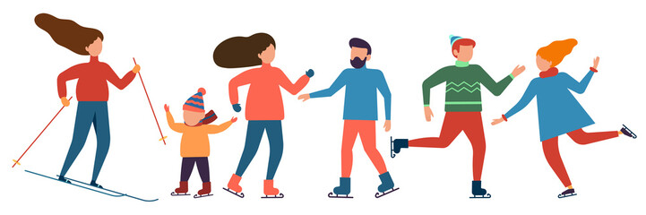 Winter fun, vector set. Collection of isolated people engaged in winter sports. Active simple shape people. Skiing woman. Skating men, women and child. Flat illustration.