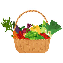 Basket with vegetables cartoon vector illustration. Vegetarian nutrition market concept: onion leek tomato broccoli carrot salad and other product. Organic healthy food harvest delivery package