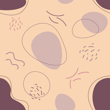 Abstract pattern. Trendy seamless background with abstract shapes and geometric elements. Blobs, stripes, shapes on yellow background. Vector repeat illustration