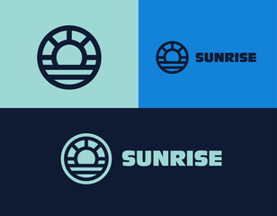 Sunrise on the beach logo. Sunset Bright vector logo in trendy style. Modern linear outline illustration. Usable for surfing, sports, clothing