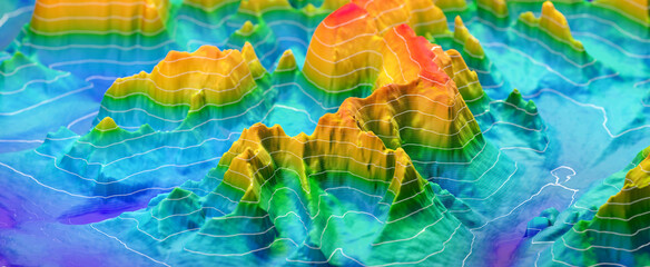 3D Topographic height map, geology survey. Topographic cartography, contour map, 3D relief. abstract geographic resource map with mountains.  - obrazy, fototapety, plakaty