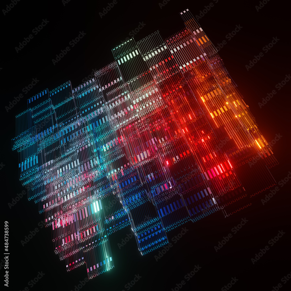 Poster futuristic neon light and digital data processing on grid. cyber circuit grid motion graphics on bla