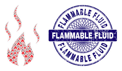 Recursive mosaic fire smoke and Flammable Fluid round textured stamp. Blue seal includes Flammable Fluid caption inside circle and guilloche ornament.