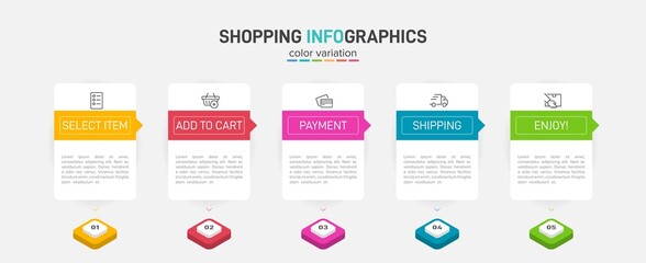 Concept of shopping process with 5 successive steps. Five colorful graphic elements. Timeline design for brochure, presentation, web site. Infographic design layout.
