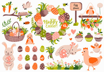 Easter set. Wreath, garland, cute bunnies and chickens, Easter eggs, cupcakes, carrot, grass, herbs, basket. Spring home decor. Ideal for sticker kit, greeting cards, tags.
