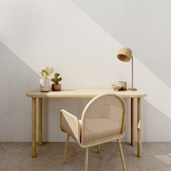 Working table mockup with wooden chair,table lamp and cactus in white room.3d rendering