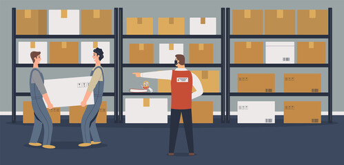 Warehouse or storeroom: storekeepers or loaders holding  cargo near rack with cardboard boxes and boss gives him instructions.Goods in packages, tape dispenser and folders on shelf, staircase.Vector