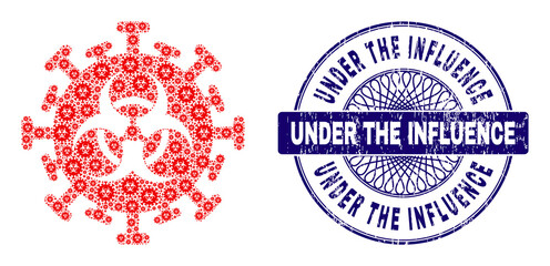 Obraz premium Recursion mosaic hazard virus and Under the Influence round grunge seal. Blue stamp includes Under the Influence caption inside circle and guilloche pattern.