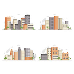 Fototapeta na wymiar City landscape flat vector illustration set. Metropolis with low-rise and high-rise houses. Megalopolis with towers and skyscrapers. City center or downtown area with many buildings.