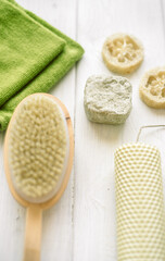 natural eco beauty handmade herbal soap. luffa sponge, clay for making facial or body mask