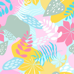 Fototapeta na wymiar Seamless pattern with abstract minimalistic contemporary tropical exotic print. Palm leaves, monsters, bright jungle forest. Vector graphics.