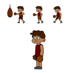 Cartoon boxer in boxing gloves. Vector illustration of a cartoon character with a punching bag for animation. All details on separate layers with names.