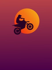 Poster with a biker on a motorcycle at sunset background. Sportbike vector illustration with evening gradient. Poster print for interior decor.