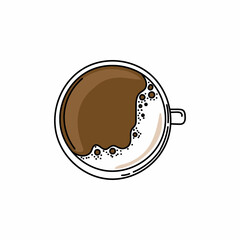A hand-drawn doodle cup of coffee. The view from the top of the hot beverage. Breakfast. A drink of coffee or cocoa. Morning.