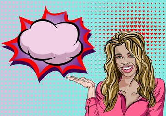 Pop Art Vintage advertising poster cute comic girl with speech bubble. Pretty girl smiling and pointing at blank bubble vector illustration