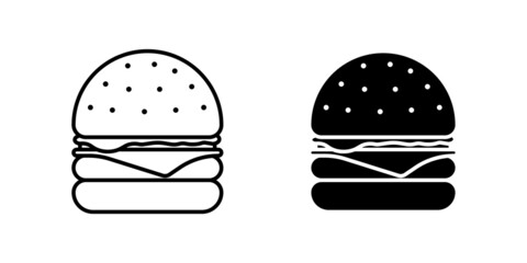 Burger fast food isolated icon set. Outline hamburger with tomato, bow, greens, juicy fried beef cutlet, cheese slice in toasted bun with sauce. Cheeseburger black flat vector eps illustration
