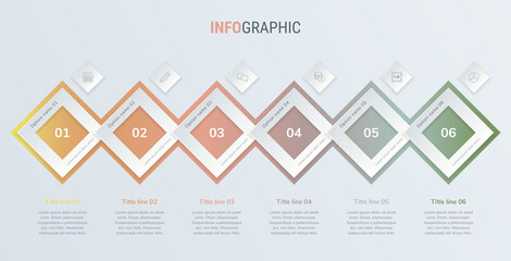 Abstract business square infographic template in vintage colors with 6 steps. Colorful diagram, timeline and schedule isolated on light background.
