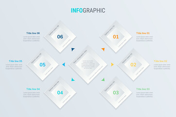 Vector infographics timeline design template with square elements. Content, schedule, timeline, diagram, workflow, business, infographic, flowchart. 6 steps infographic.
