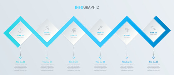 Blue timeline infographic design vector. 6 options, square workflow layout. Vector infographic timeline template.
