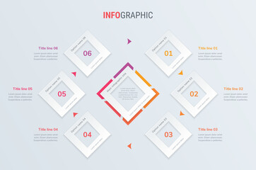 Red timeline infographic design vector. 6 steps, square workflow layout. Vector infographic timeline template.