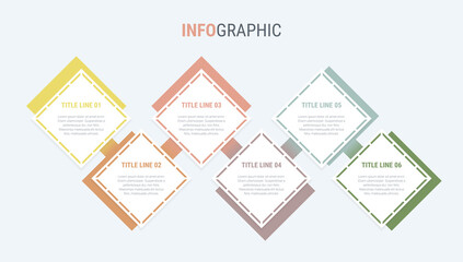 Colorful diagram, infographic template. Timeline with 6 options in vintage colors. Square workflow process for business. Vector design.
