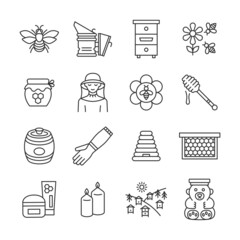 Beekeeping line icon set. Collection cymbol with honey, bee, hive, beekeeper,equipment, apiary. Editable stroke. - 484742163