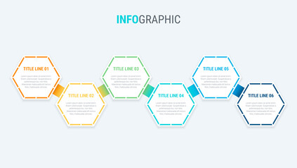 Infographic template. 6 steps honeycomb design with beautiful colors. Vector timeline elements for presentations.
