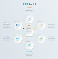 Vector infographics timeline design template with honeycomb elements. Content, schedule, timeline, diagram, workflow, business, infographic, flowchart. 6 steps infographic.
