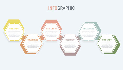 Colorful diagram, infographic template. Timeline with 6 options in vintage colors. Honeycomb  workflow process for business. Vector design.
