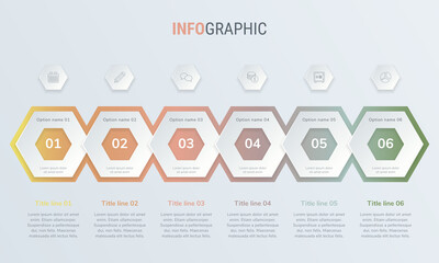 Abstract business honeycomb  infographic template in vintage colors with 6 steps. Colorful diagram, timeline and schedule isolated on light background.
