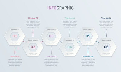 Abstract business honeycomb  infographic template in vintage colors, with 6 options. Colorful diagram, timeline and schedule isolated on light background.
