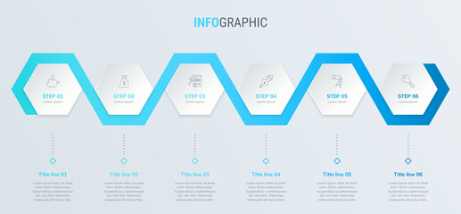 Blue timeline infographic design vector. 6 options, honeycomb workflow layout. Vector infographic timeline template.
