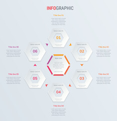 Red timeline infographic design vector. 6 steps, honeycomb workflow layout. Vector infographic timeline template.
