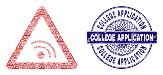 Recursion collage WiFi warning and College Application round grunge stamp. Violet stamp seal includes College Application title inside circle and guilloche ornament.