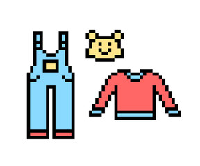 Pixel art set of summer childrens' clothes isolated on white background. Denim overalls, bear hat and long sleeved shirt. Old school retro vintage 90s, 80s 8 bit slot machine, 2d video game graphics.