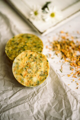 natural yellow calendula, anti-inflammatory healing floral, eco handmade herbal soap.