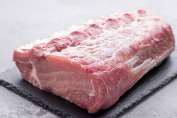 Raw pork meat on bone. Closeup