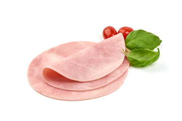 Boiled Ham Slices, close-up, isolated on a white background.