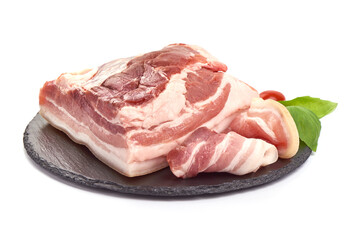 Raw pork brisket, bacon, isolated on white background.