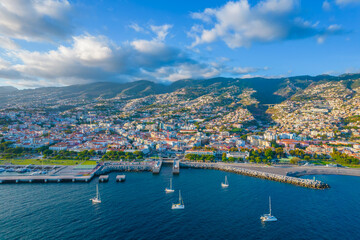 Aerial view of Funchal city center panorama in Madeira island in the evening