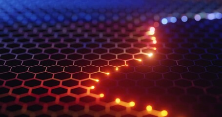Abstract geometric technology motion background.  Network of hexagons and light trails, glowing neon lights growing with intense heat. data growth. 4K loop