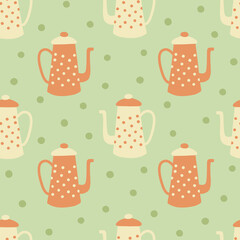 Teapot and polka dot seamless pattern. Ceramic kitchenware repeated vector illustration. Spring design for fabric, home textile, wallpaper, kitchen utencils.