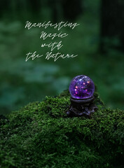 Manifesting Magic with the Nature - inspiration quote. Amethyst crystal ball in forest, natural dark green background. Magic quartz ball for Crystal Ritual, spiritual esoteric Witchcraft